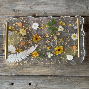 pressed flower charcuterie tray ~ platter with gold/silver/rose gold foil and gold/silver handles