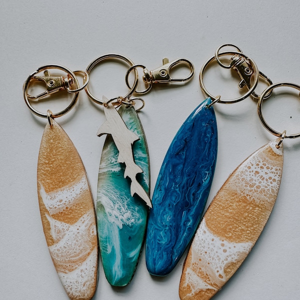 Surfboard Keychain ~ ocean theme  ~ surf beach tropical style ~ wood and resin ~ lightweight customizable ~ small gifts gold, waves, rainbow