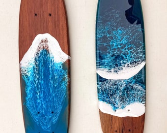 Vintage skate deck wall art ~ skateboard from the 70s with ocean resin custom art ~ wave beach house decor