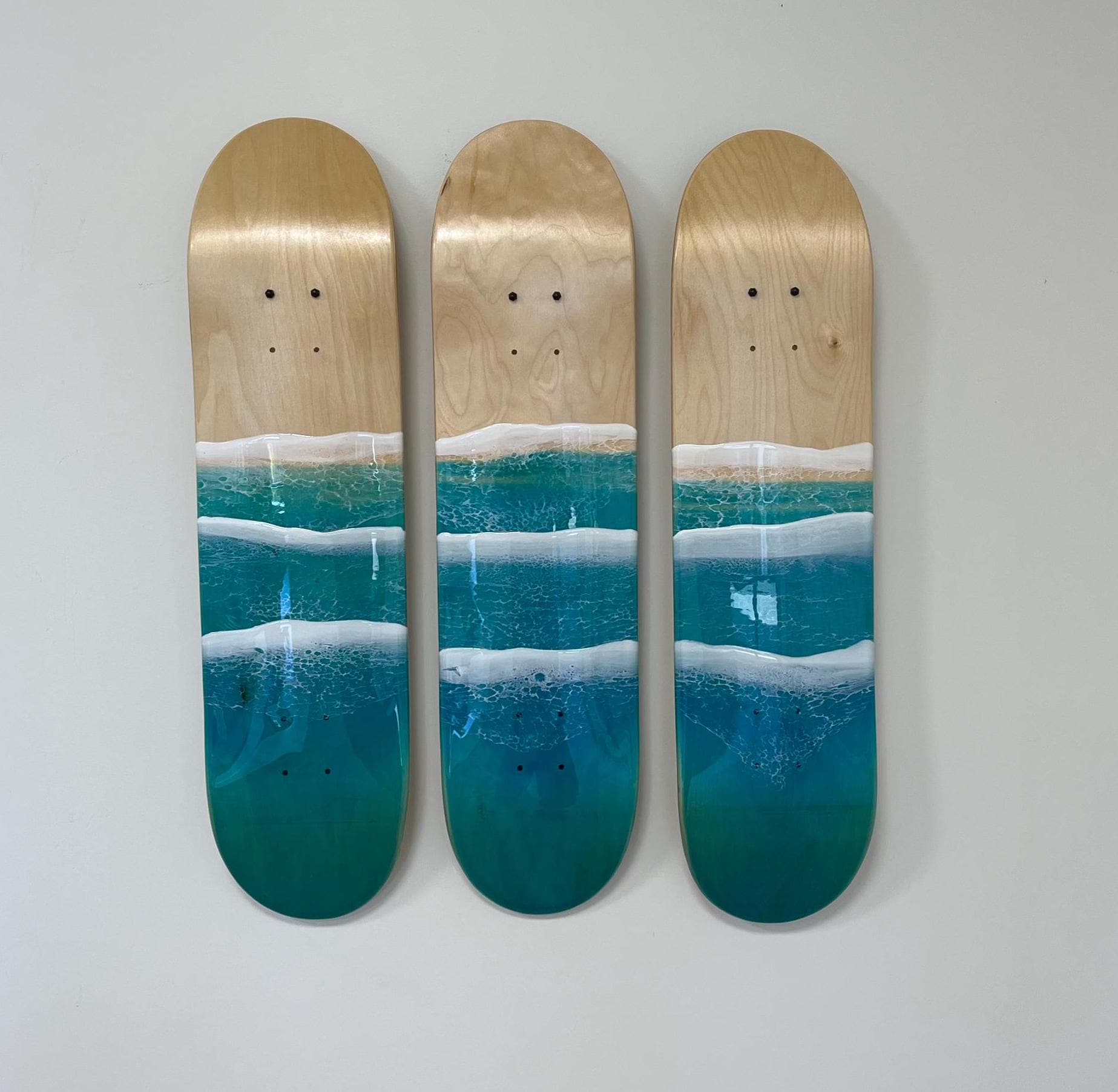 Wave skate board deck ~ wall art ~ hanging shelf ~ ocean theme decor ~ real wood skateboard with black sand