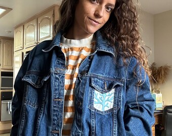 Vintage Patchwork Denim Jacket Ocean Theme Blue Teal and