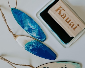 Surfboard Ornament ~ ocean theme christmas ~ surf beach tropical style ~ twine wood and resin ~ lightweight customizable