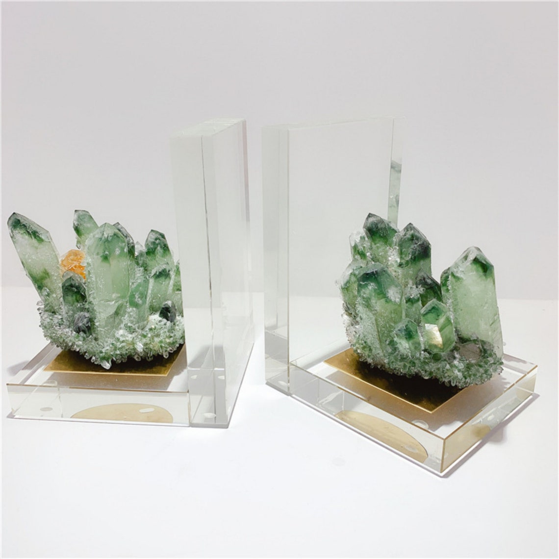 Glass Bookend with Green Crystal Cluster Natural Green Etsy