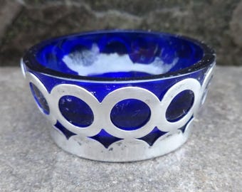 Sterling Silver Openwork Salt Dip, Cellar, Dish w/Cobalt Blue Glass Liner!