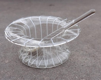 Tiny, Delicate BIMINI Glass Open Salt Dip, Cellar, Dish and Czech Spoon!