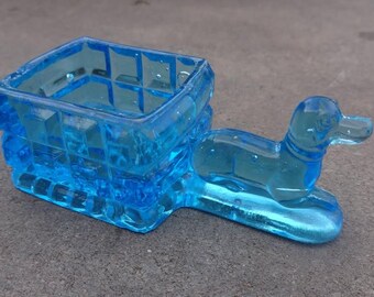 1880s Central Glass Blue Block Dog w/Attached Cart Open Salt Dip, Cellar, Dish!