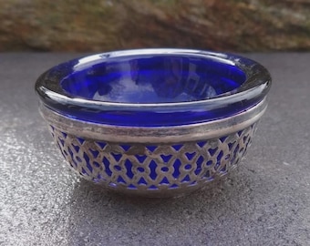 1890s Sterling Silver Open Salt Dip, Cellar, Dish w/Cobalt Blue Liner!