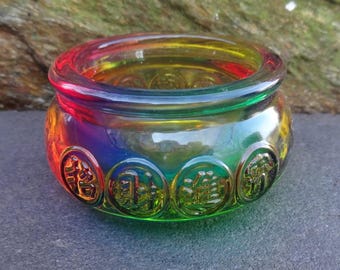 Colorful Rainbow Glass Open Salt Dip, Cellar, Dish w/Asian Designs!