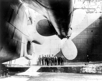 Historical Poster Print: Title - Men Stand Below Propeller of TITANIC, 1911 - New Satin Finish Photo - Available in 6 Sizes!