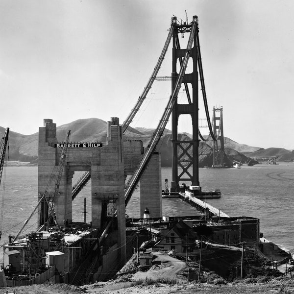 Historical Poster Print: Golden Gate Bridge under Construction, San Francisco Bay - 1935 - New Satin Finish Photo - Available in 6 Sizes!