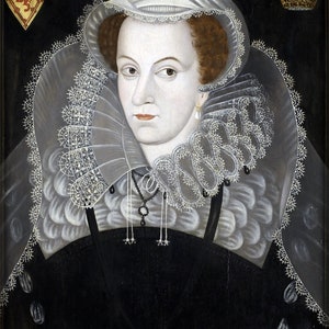 May include: A portrait painting of a woman wearing a white lace collar and a white cap. The woman has brown hair and is wearing a black dress. The painting is set against a black background and includes the text "Aet. 42*" and "1585".