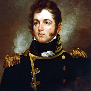May include: Portrait of a man in a dark navy blue military uniform with gold epaulets and buttons. The man has fair skin, dark hair, and is looking slightly to the side. The background is a muted, neutral tone.