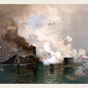 May include: A painting depicting a naval battle scene with two ironclad warships firing cannons at each other. The ships are surrounded by smoke and water, and the sky is filled with clouds. The painting is in a realistic style and captures the intensity of the battle.