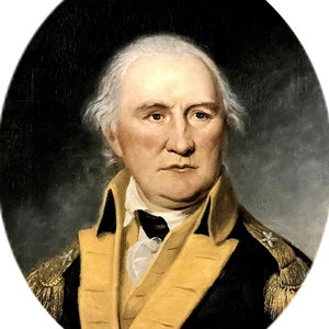 May include: A portrait painting of a man in a military uniform. He is wearing a dark blue jacket with gold trim and a yellow waistcoat. His hair is white and he has a serious expression on his face.