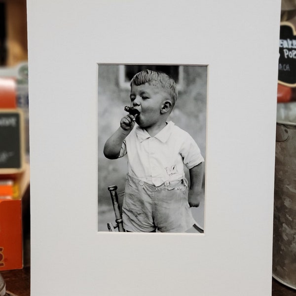 4x6 Photo Matted to 8x10: Historic Oddities - Young Boy Child Smoking Cigar - Single or Double Matted - Vintage Satin Finish Wall Decor