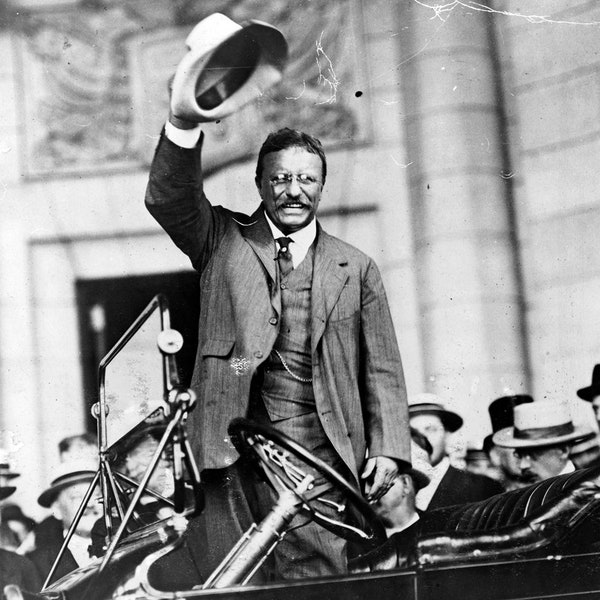 Historical Poster Print: President Theodore Roosevelt in Car Waving Hat to Crowd - Satin Finish Photo - Available in 6 Sizes!