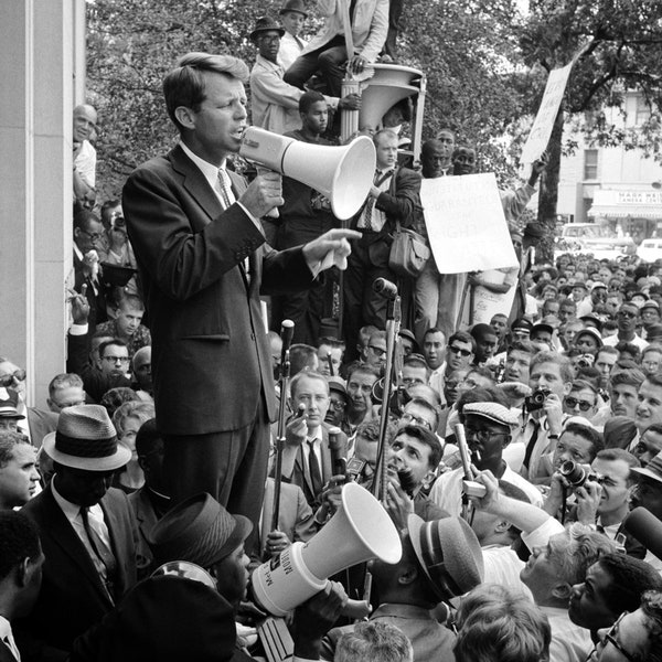 Historical Poster: Robert "Bobby" Kennedy Gives Speech outside Justice Department - Satin Finish Photo - Available in 6 Sizes!