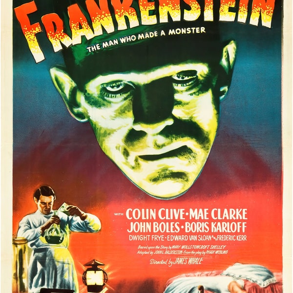 New 24" x 36" Large Vintage Retro Horror Movie Poster - Frankenstein - 1931 Film Starring Boris Karloff - Satin Finish - Halloween Decor