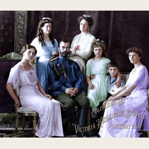 May include: A colorized photograph of a family, likely the Russian Imperial Family, posing for a portrait. The family includes a man in military uniform, a woman in a white dress, and five children. The children are dressed in various styles, including a sailor suit and a white dress. The image is captioned "Colorized by Victoria Heilshorn Studio Copyright 2021".
