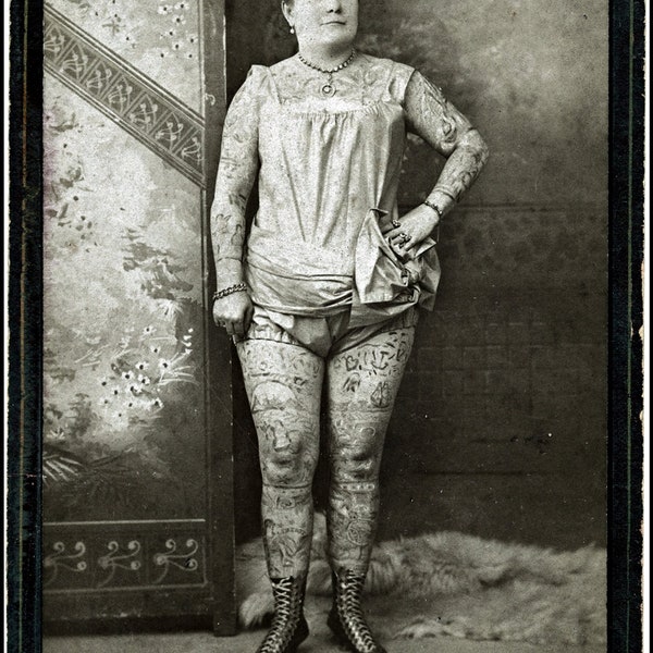 Historic Oddities Photo Print - Woman with Full Body Tattoo - Unusual Retro Vintage Picture - Satin Finish Wall Decor - Available in 3 Sizes