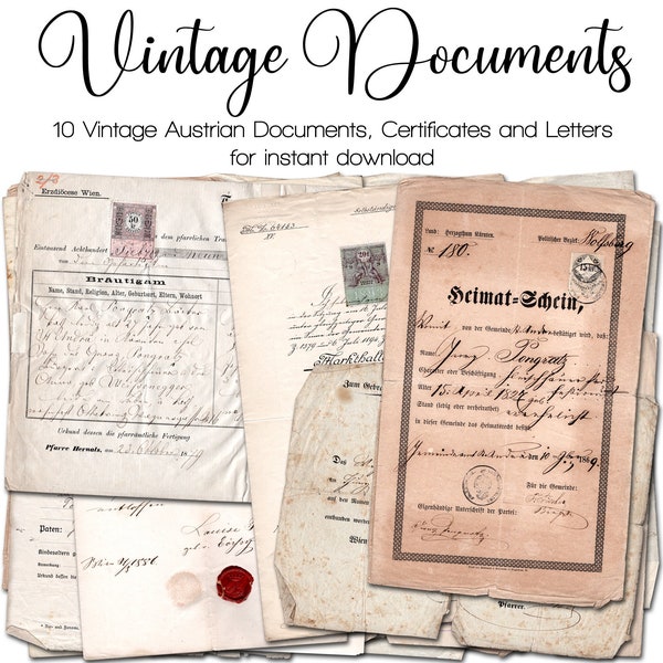 Vintage Documents, Certificates and Forms from Austria | Junk Journal Kit | Ephemera 1850 - 1900 | digital | instant printable download