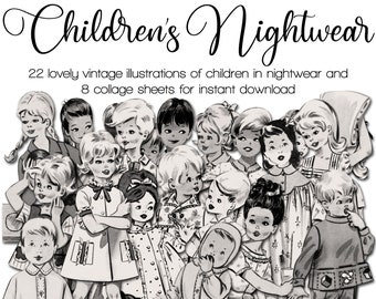 Bambini - Abbigliamento da notte | Rivista di cucito vintage | Tagli pignoli | Kit diario spazzatura | Effimera 1950 - 1960 | clipart PNG digitale | Download istantaneo