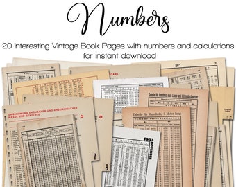Vintage Book Pages with Numbers, Calculations, and Tables | Junk Journal Kit | Ephemera 1900 - 1950 | digital | instant printable download