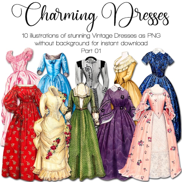 Vintage Dresses, Part 01 | Romantic Academia | Gothic/Victorian Junk Journal Kit | Ephemera 1930s | digital PNG | instant printable download