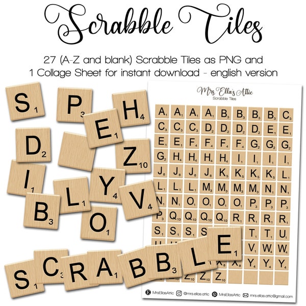 Scrabble Letters | A - Z and blank | English Set | Junk Journal Kit | PNG Clipart | digital Fussy Cut | instant printable download