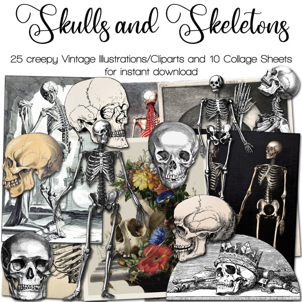 Vintage Skulls and Skeletons | Halloween Junk Journal | Ephemera 1700 - 1970 | PNG Clipart | digital Fussy Cut | instant printable download