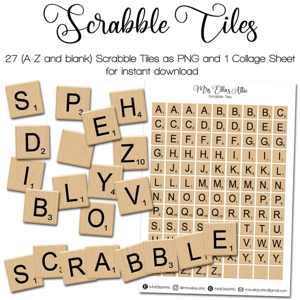 Scrabble Buchstaben | A - Z und leer | Junk Journal Kit | PNG Clipart | Digital Fussy Cut | druckbarer Sofort-Download