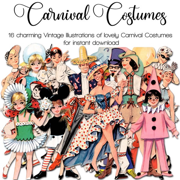 Vintage Carnival Costumes | Fancy Dress Illustration | Junk Journal Kit | Ephemera 1950 - 1960 | digital PNG | Fussy Cut | instant printable