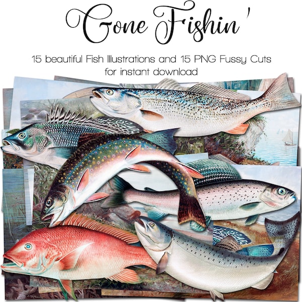 Vintage Fish Illustrations | Junk Journal Kit | Wall Decor | Ephemera 1870s | digital Fussy Cut | PNG Clipart | instant printable download