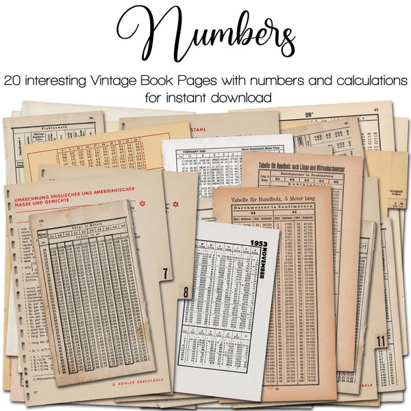 Vintage Book Pages with Numbers, Calculations, and Tables | Junk Journal Kit | Ephemera 1900 - 1950 | digital | instant printable download