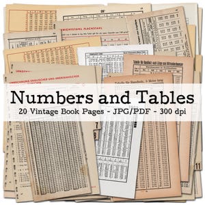 Pages de livres vintage | Chiffres, calculs, tableaux | Éphémères 1900 - 1950 | Kit de journal indésirable | numérique | téléchargement instantané
