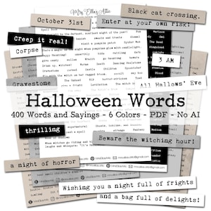 400 Halloween Wörter und Sprüche | 6 Farben | Junk Journal Kit | Grimoire | Scrapbook | Druckbare Sticker | digital | Sofort-Download
