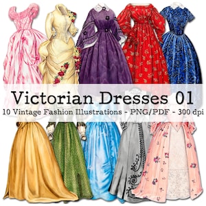 Victorian Dresses, Part 01 | Vintage Fashion | Ephemera 1930s | Junk Journal Kit | PNG Clipart | digital Fussy Cut | instant download