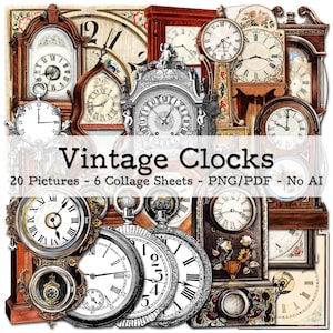 Vintage Clock Illustrations | 1930s Ephemera | Junk Journal Kit | PNG Clipart | digital Fussy Cut | instant download