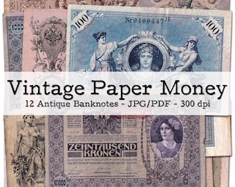 Vintage Paper Money | 1890s - 1920s Ephemera | Austria, Germany, Russia | Travel Diary | Junk Journal Kit | digital | instant download