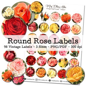 98 Round Labels with Vintage Roses | 3 Sizes | Ephemera 1900 - 1930 | Junk Journal Kit | PNG Clipart | digital Fussy Cut | instant download