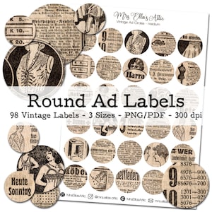 98 Round Labels with Vintage Ads | 3 Sizes | Ephemera 1910s | Junk Journal Kit | PNG Clipart | digital Fussy Cut | instant download