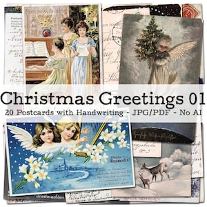 手書きの文字が入ったヴィンテージクリスマスポストカード、パート1 | 1900年代～1940年代のエフェメラ | ジャンクジャーナル | デジタル | すぐにダウンロード