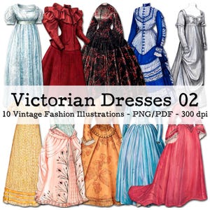 Victorian Dresses, Part 02 | Vintage Fashion | Ephemera 1930s | Junk Journal Kit | PNG Clipart | digital Fussy Cut | instant download