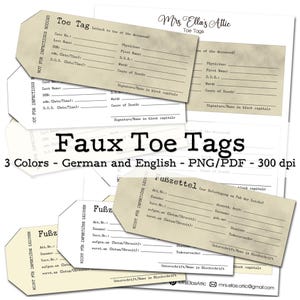 Fake Toe Tags for Halloween in 3 Colors | German and English | Junk Journal Kit | Grimoire | PNG Clipart | digital | instant download