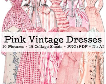 Pink Vintage Dresses | Victorian Fashion Ephemera | Junk Journal Kit | PNG Clipart | digital Fussy Cut | instant download