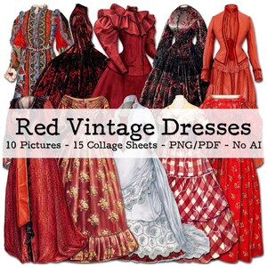 Red Vintage Dresses | Victorian Fashion Ephemera | Junk Journal Kit | PNG Clipart | digital Fussy Cut | instant download