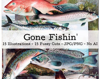 May include: A collection of colourful vintage fish illustrations, featuring species in shades of red, blue, and green. The image includes the text "Gone Fishin'" and details about the illustrations.