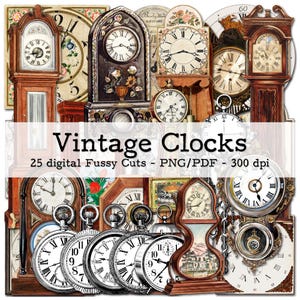 Vintage Clock Illustrations | Ephemera 1930s | Junk Journal Kit | PNG Clipart | digital Fussy Cut | instant download