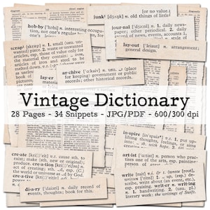 Diccionario Vintage - Páginas | Palabras sobre el diario | Efímeras de los años 1950 | Kit de diario basura | Imágenes prediseñadas PNG | digitales | Descarga instantánea