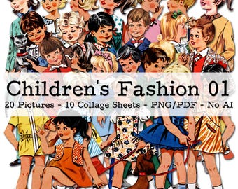 Vintage kindermode, deel 1 | Ephemera uit de jaren 1950-1960 | Junk Journal-kit | PNG-clipart | Digitale knipsels | Direct downloaden